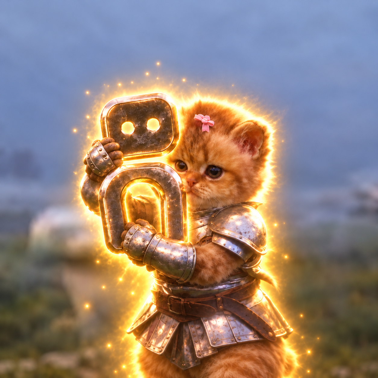 Orange kitten in silver armor hugging a golden metal relic